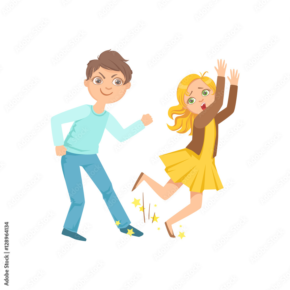 Boy Tripping Smaller Kid Teenage Bully Demonstrating Mischievous Uncontrollable Delinquent Behavior Cartoon Illustration Boy Tripping Smaller Kid Teenage Bully Demonstrating Mischievous Uncontrollable Delinquent Behavior Cartoon Illustration
