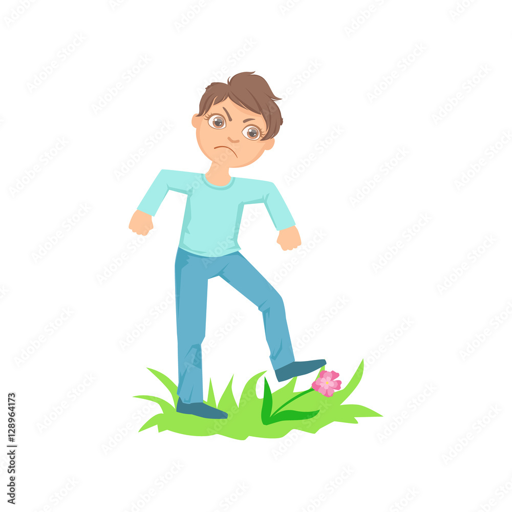Boy Walking On Lawn Grass Breaking Flowers Teenage Bully Demonstrating Mischievous Uncontrollable Delinquent Behavior Cartoon Illustration Boy Walking On Lawn Grass Breaking Flowers Teenage Bully Demonstrating Mischievous Uncontrollable Delinquent Behavior Cartoon Illustration