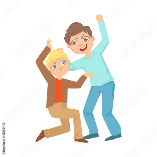 Boy Beating Up Smaller Kid Teenage Bully Demonstrating Mischievous Uncontrollable Delinquent Behavior Cartoon Illustration