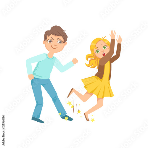Boy Tripping Smaller Kid Teenage Bully Demonstrating Mischievous Uncontrollable Delinquent Behavior Cartoon Illustration