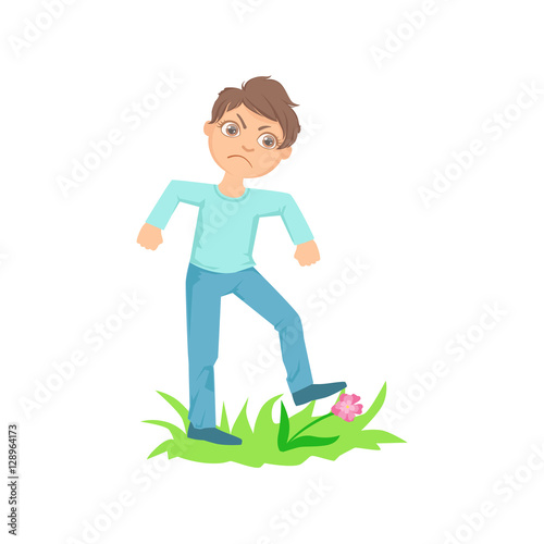 Boy Walking On Lawn Grass Breaking Flowers Teenage Bully Demonstrating Mischievous Uncontrollable Delinquent Behavior Cartoon Illustration
