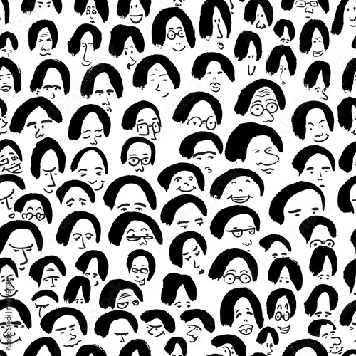 Artistic seamless pattern with crowd of people. Ink drawing simply faces in doodle style. Design for social media, backgrounds and textile or wrapping design