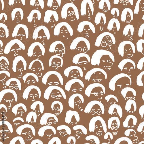 Artistic seamless pattern with crowd of people. Ink drawing simply faces in doodle style. Design for social media, backgrounds and textile or wrapping design
