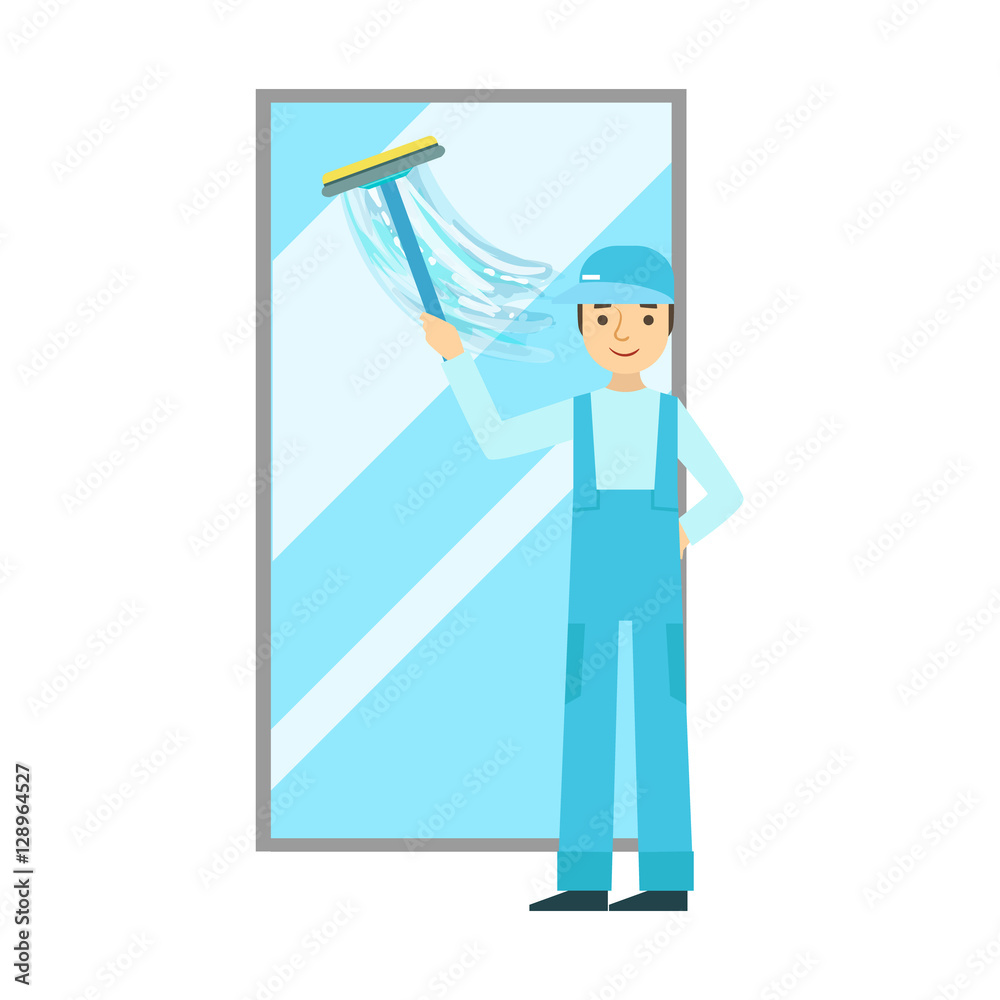 Man With Squeegee Washing Window, Cleaning Service Professional Cleaner In Uniform Cleaning In The Household Man With Squeegee Washing Window, Cleaning Service Professional Cleaner In Uniform Cleaning In The Household