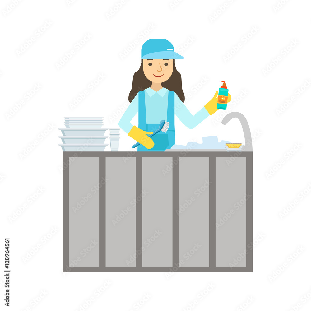 Girl Washing Dishes In The Tap, Cleaning Service Professional Cleaner In Uniform Cleaning In The Household Girl Washing Dishes In The Tap, Cleaning Service Professional Cleaner In Uniform Cleaning In The Household