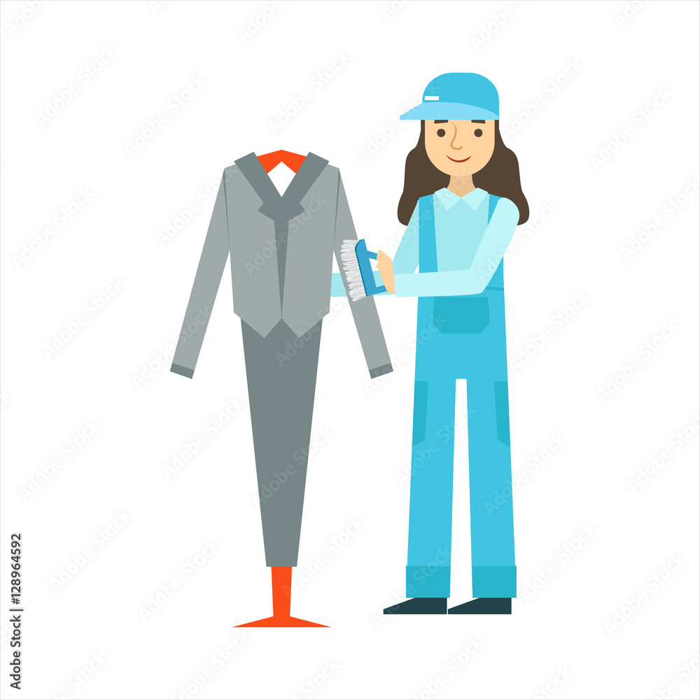 Woman Dusting The Suit With Brush, Cleaning Service Professional Cleaner In Uniform Cleaning In The Household Woman Dusting The Suit With Brush, Cleaning Service Professional Cleaner In Uniform Cleaning In The Household
