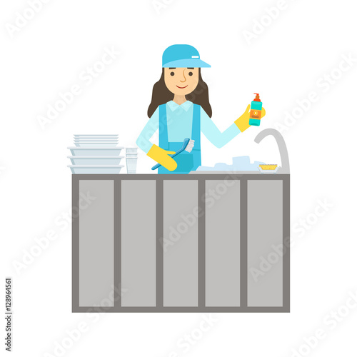 Girl Washing Dishes In The Tap, Cleaning Service Professional Cleaner In Uniform Cleaning In The Household