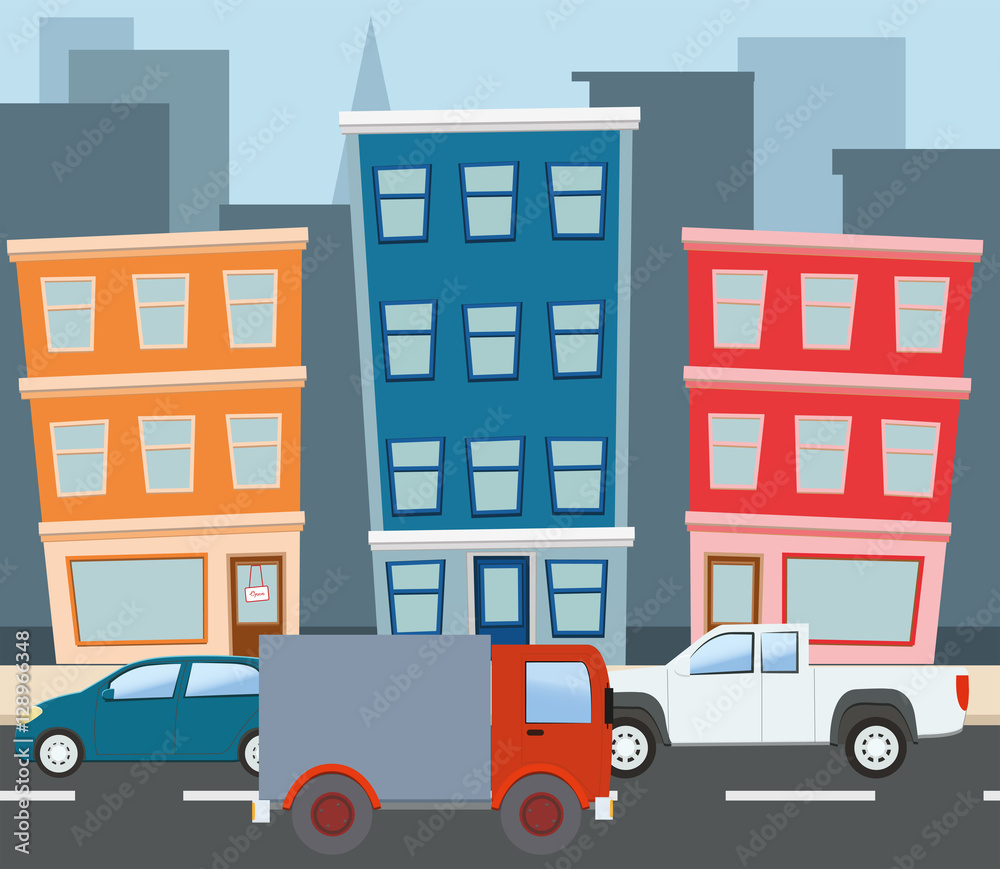 City with multiple buildings and cars City with multiple buildings and cars