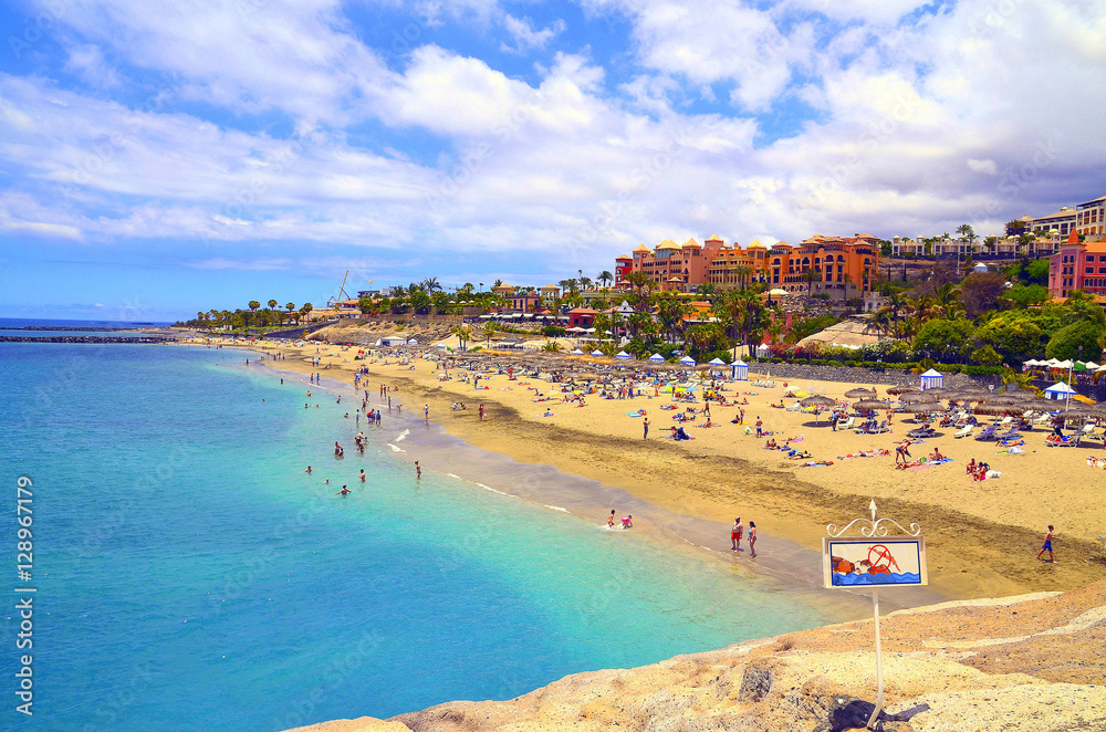 Coastal view of El Duque beach in Costa Adeje,Tenerife,Canary Islands,Spain.Travel or vacation concept.
