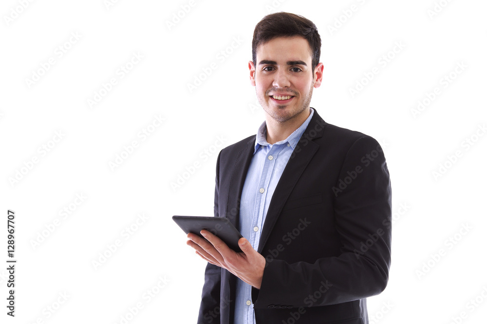 young man with tablet isolated on white young man with tablet isolated on white