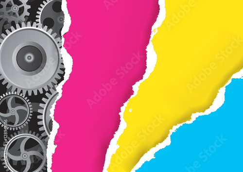 Ripped Paper With Print Colors and gear.
Colorful Ripped paper with CMYK colors gear. Concept for presenting color printing. Vector available.
