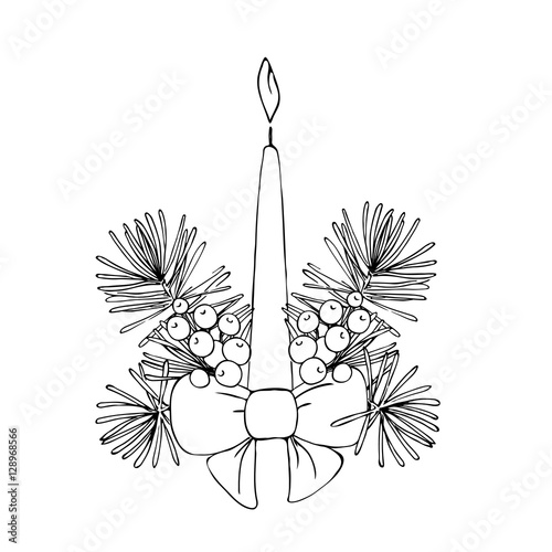 vector simple contour sketch of Christmas decoration with candle, bowl, pine, berries