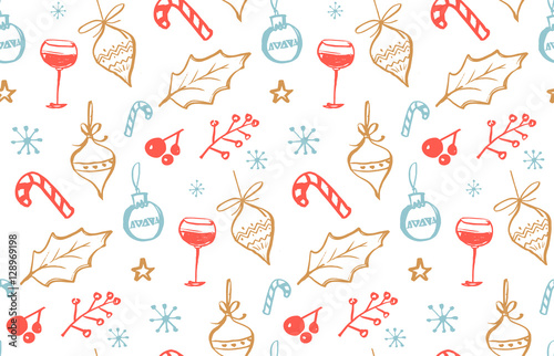 Winter holidays seamless pattern with doodle illustrations of wine glass, Christmas decorations, holly leave and candy canes. Vector hand drawn background