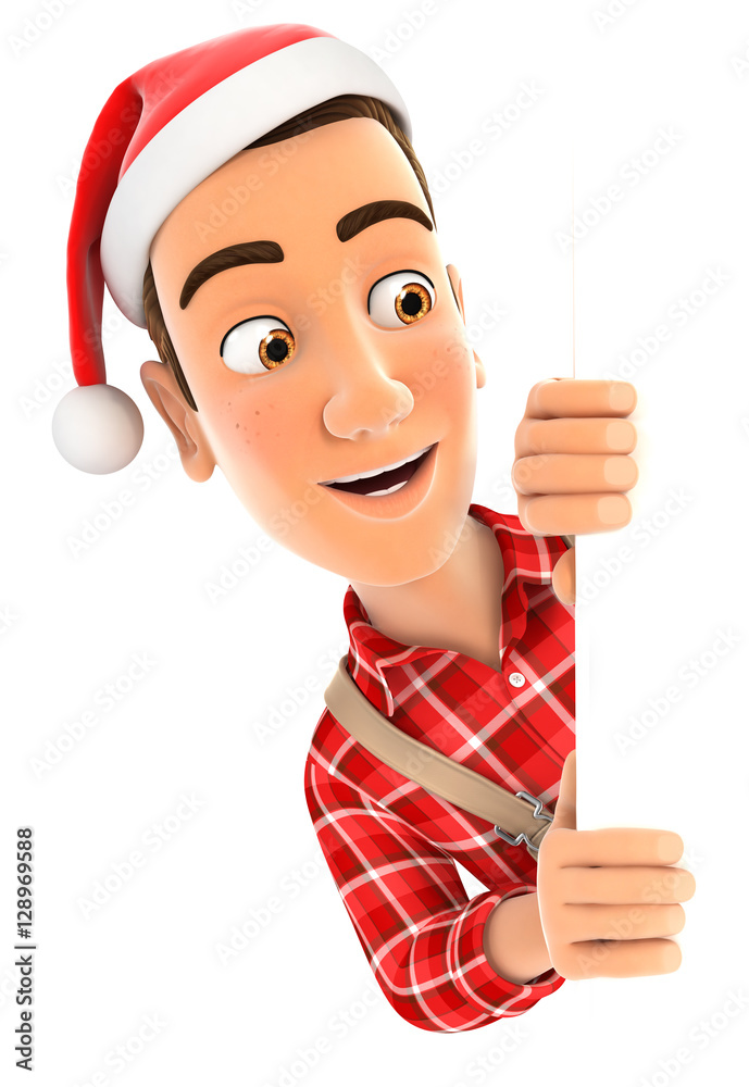 3d handyman with christmas hat peeping over wall 3d handyman with christmas hat peeping over wall