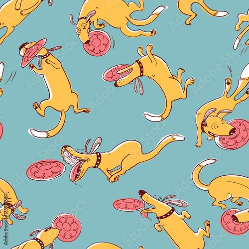 Cute activity dogs vector seamless pattern. Doodle background with frisbee disk