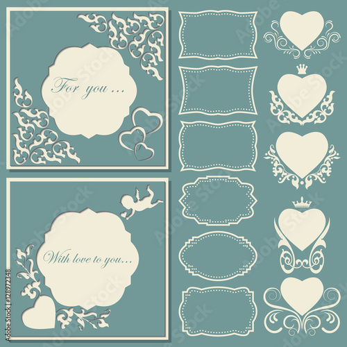 Set hearts and frames of different shapes. Decorative frame cut paper.