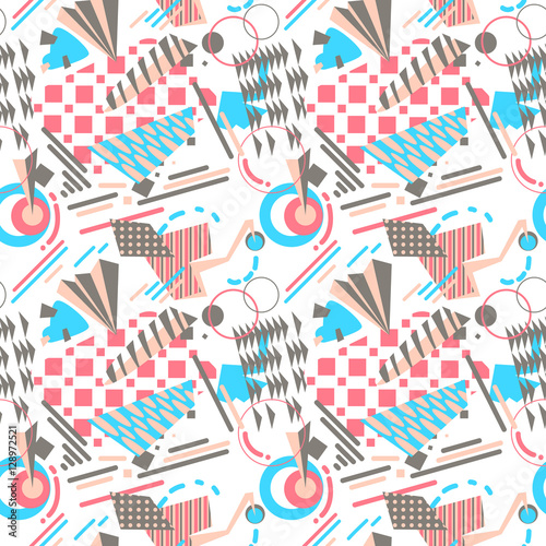 Abstract geometric seamless pattern in bright colors. Simply forms and silhouettes- strikes, square, triangle, circles.