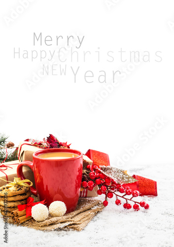 Christmas holiday background with coffee cup