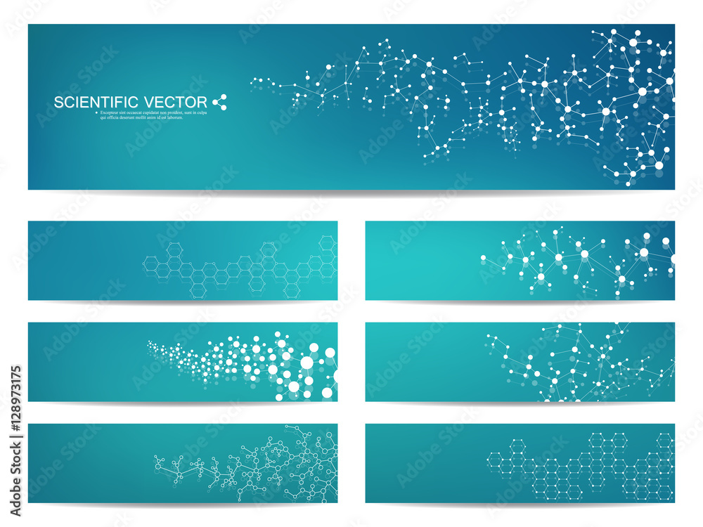 Set of modern scientific banners. Molecule structure DNA and neurons. Abstract background. Medicine, science, technology, business, website templates. Scalable vector graphics.