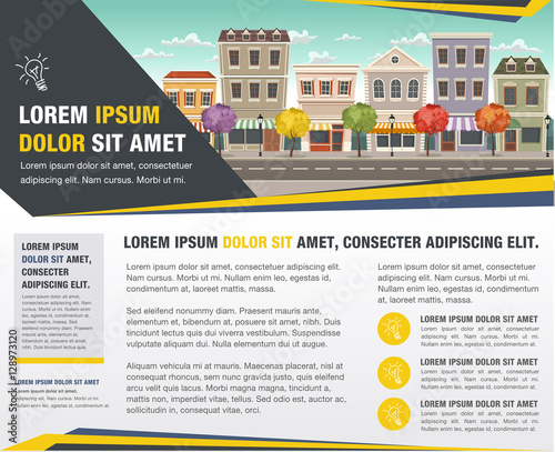 Template for advertising brochure with street of a colorful city with shops