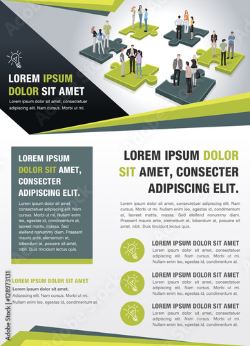 Template for advertising brochure with business people over puzzle pieces