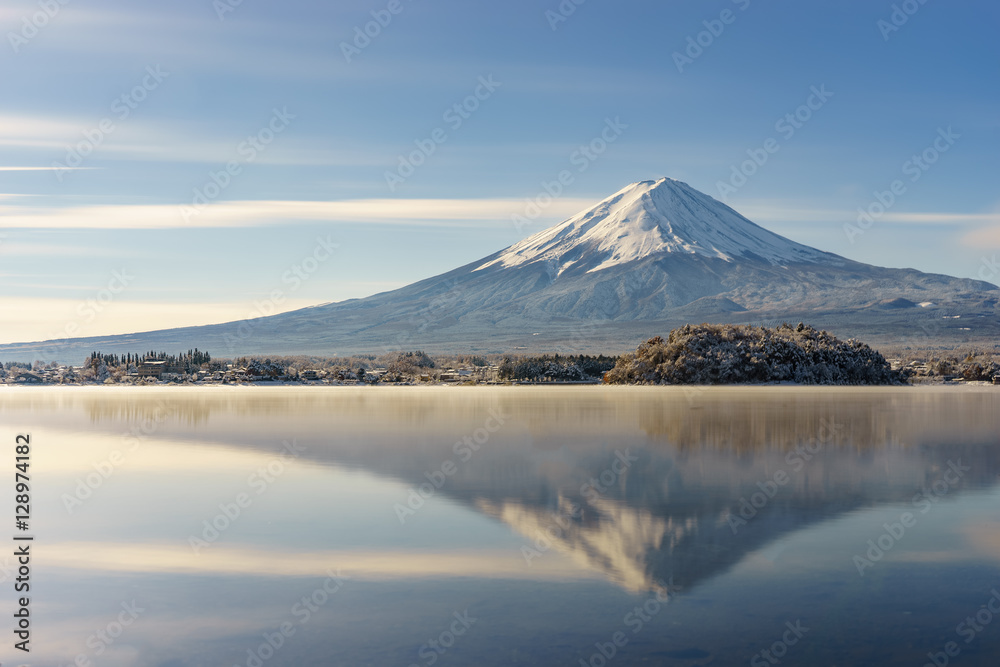 Japan travel,mt fuji and snow at Kawaguchiko lake in japan,mt Fu