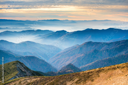 Blue mountains and hills at sunset