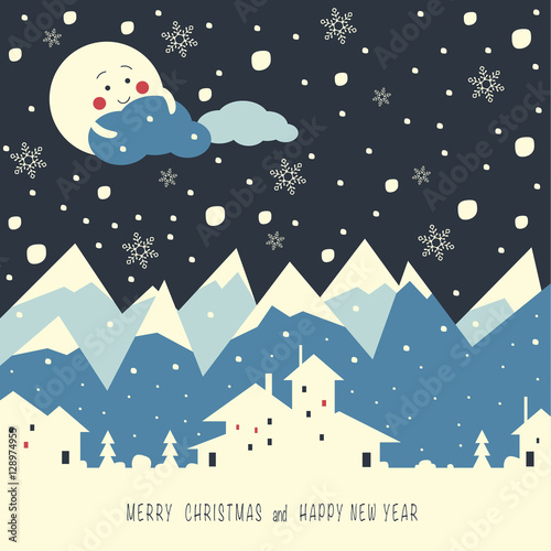 The cover design. Depicts a snow mountains, night, moon, clouds, christmas trees and a village. Phrase merry Christmas and a happy New year.