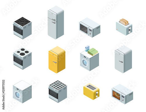 Vector isometric set of household appliances icon, 3d flat interior design.