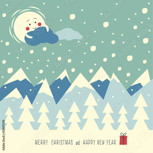 The cover design. Depicts a snow mountains, sun, clouds and christmas trees on the first plane. phrase merry Christmas and a happy New year with the gift box.