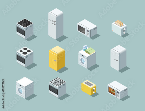 Vector isometric set of household appliances icon, 3d flat interior design.