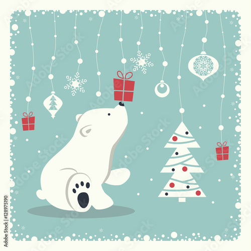 The cover design. Depicts a seated little polar bear. A garland of snow balls, christmas toys, gift box, snowflakes and christmas tree  on blue background.
