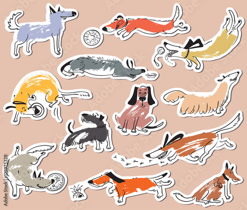 Hand drawn doodle cute dogs. Stickers set with plaing pets with