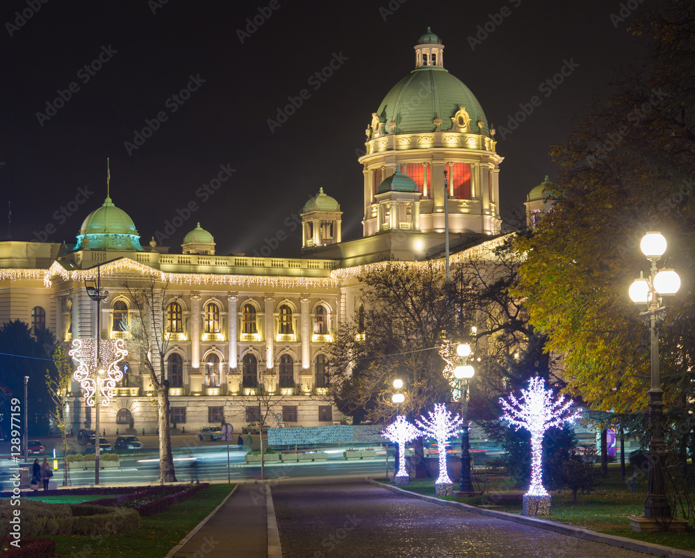 Fototapeta premium Parliament of Republic Serbia New Year decoration