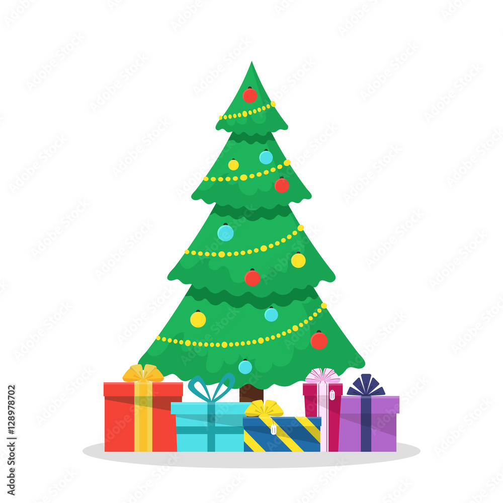 Christmas background with decorated tree and gift boxes. Colorful flat presents for holiday. Modern design. Christmas and New Year elements for decoration. Vector illustration isolated on white. Christmas background with decorated tree and gift boxes. Colorful flat presents for holiday. Modern design. Christmas and New Year elements for decoration. Vector illustration isolated on white.