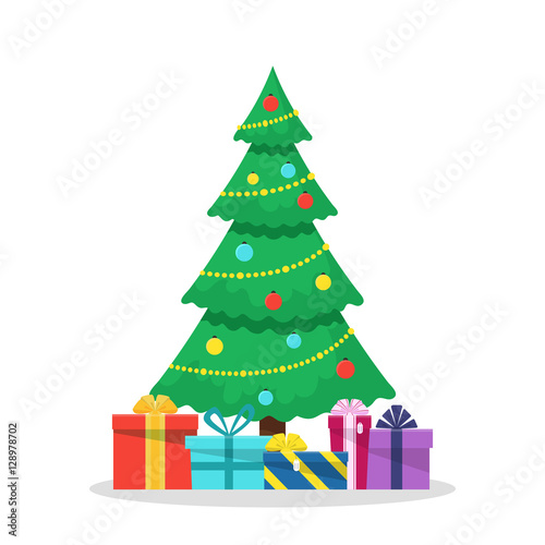 Christmas background with decorated tree and gift boxes. Colorful flat presents for holiday. Modern design. Christmas and New Year elements for decoration. Vector illustration isolated on white.
