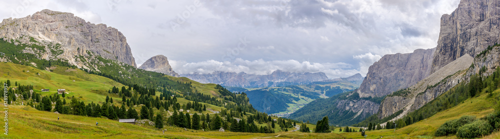 Panoramic view from road to Gardena Pass in Italy Dolomites