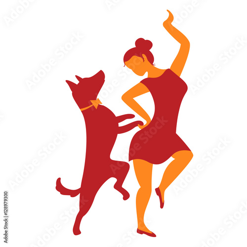 Icon with girl and dog. Vector illustration with dancing woman a