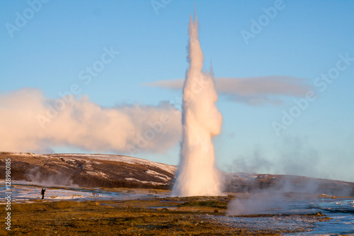 Strokkur geyser erupting during Winter in Iceland
