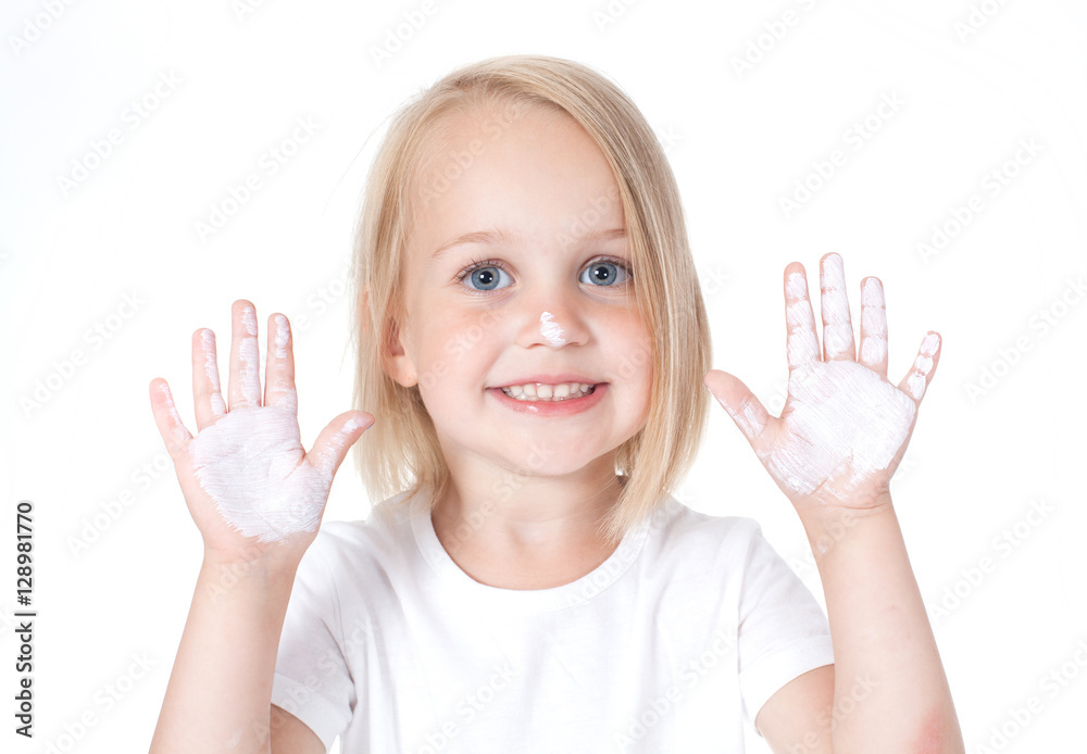girl shows painted white hands, palms. Fun, creativity, painting. girl shows painted white hands, palms. Fun, creativity, painting.