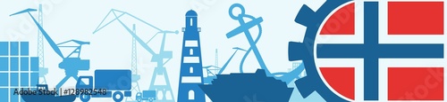 Cargo port relative icons set. Norway flag in gear. Vector illustration for web banner or header