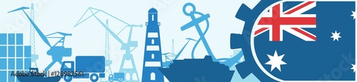 Cargo port relative icons set. Australia flag in gear. Vector illustration for web banner or header
