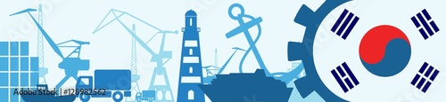 Cargo port relative icons set. Korea flag in gear. Vector illustration for web banner or header
