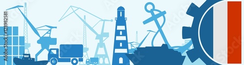 Cargo port relative icons set. France flag in gear. Vector illustration for web banner or header