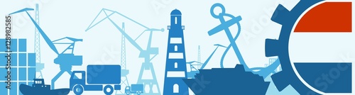 Cargo port relative icons set. Netherlands flag in gear. Vector illustration for web banner or header
