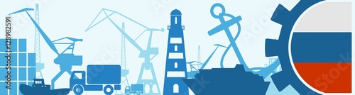 Cargo port relative icons set. Russia flag in gear. Vector illustration for web banner or header