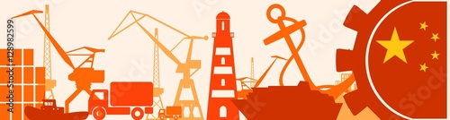 Cargo port relative icons set. China flag in gear. Vector illustration for web banner or header