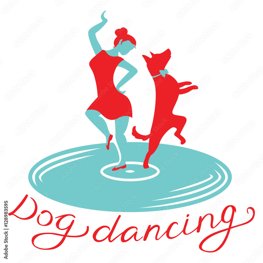 Dog dancing icon. Girl with dog dance on vynil record. Heelwork to music logo. Cynological