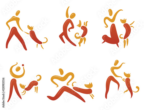 Icons set with people and dogs. Pictogram for partnership of animal and humans