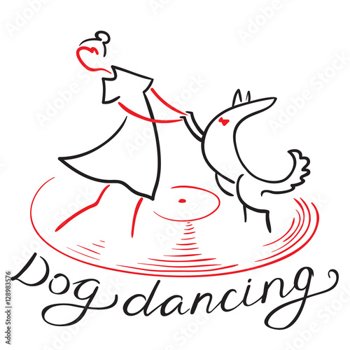 Dog dancing icon. Girl with dog dance on vynil record. Heelwork to music logo. Cynological freestyle
